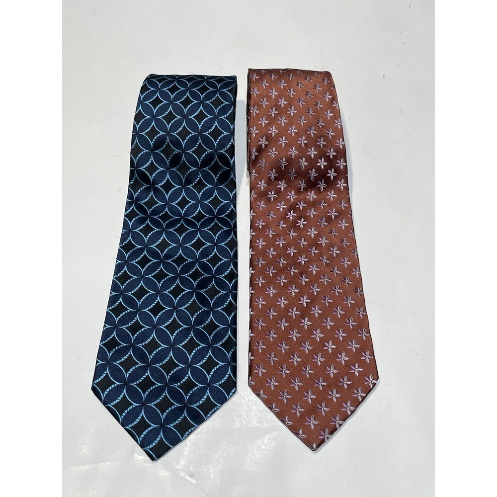Lot of 2 Ermenegildo Zegna Silk Ties - Blue Geometric & Cooper Brown 58" Length